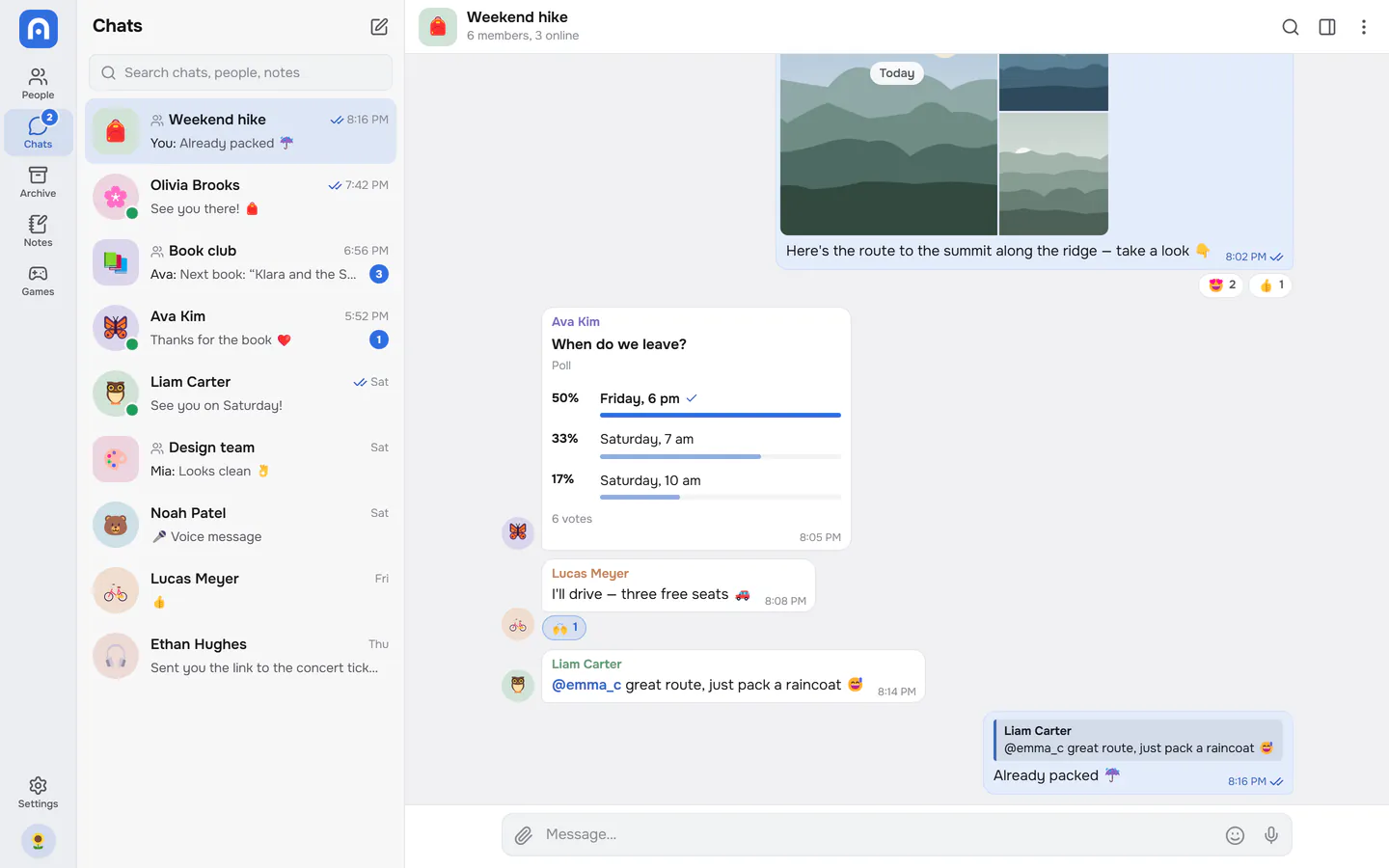 Brama on desktop: the chat list and an open group chat with messages, reactions and replies