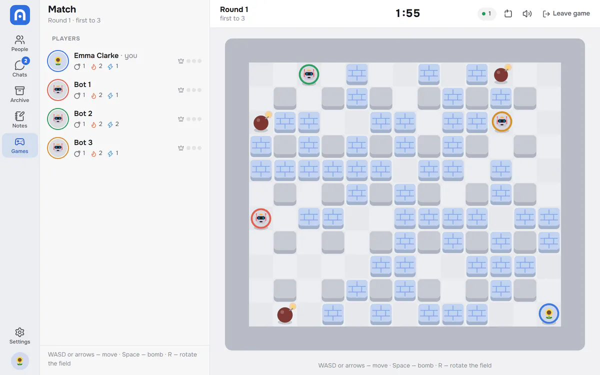 A Bomberman match in Brama: the game board, players and power-ups