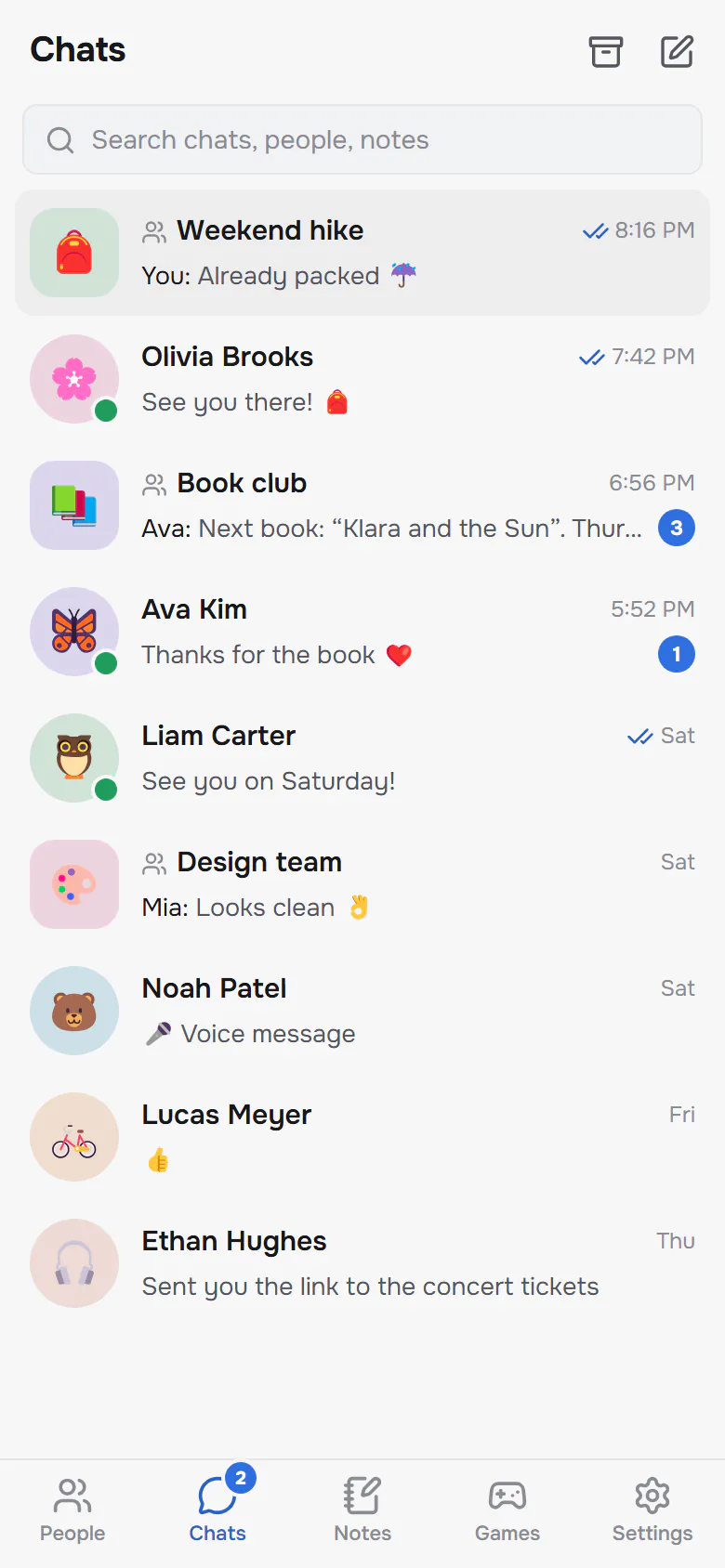 The Brama chat list on a phone, with the bottom navigation bar