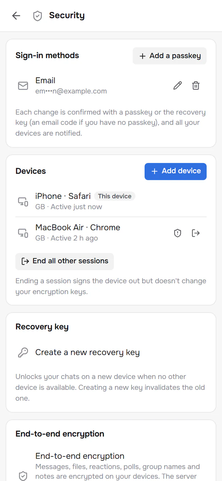 Brama security settings on a phone: sign-in methods, devices and the recovery key